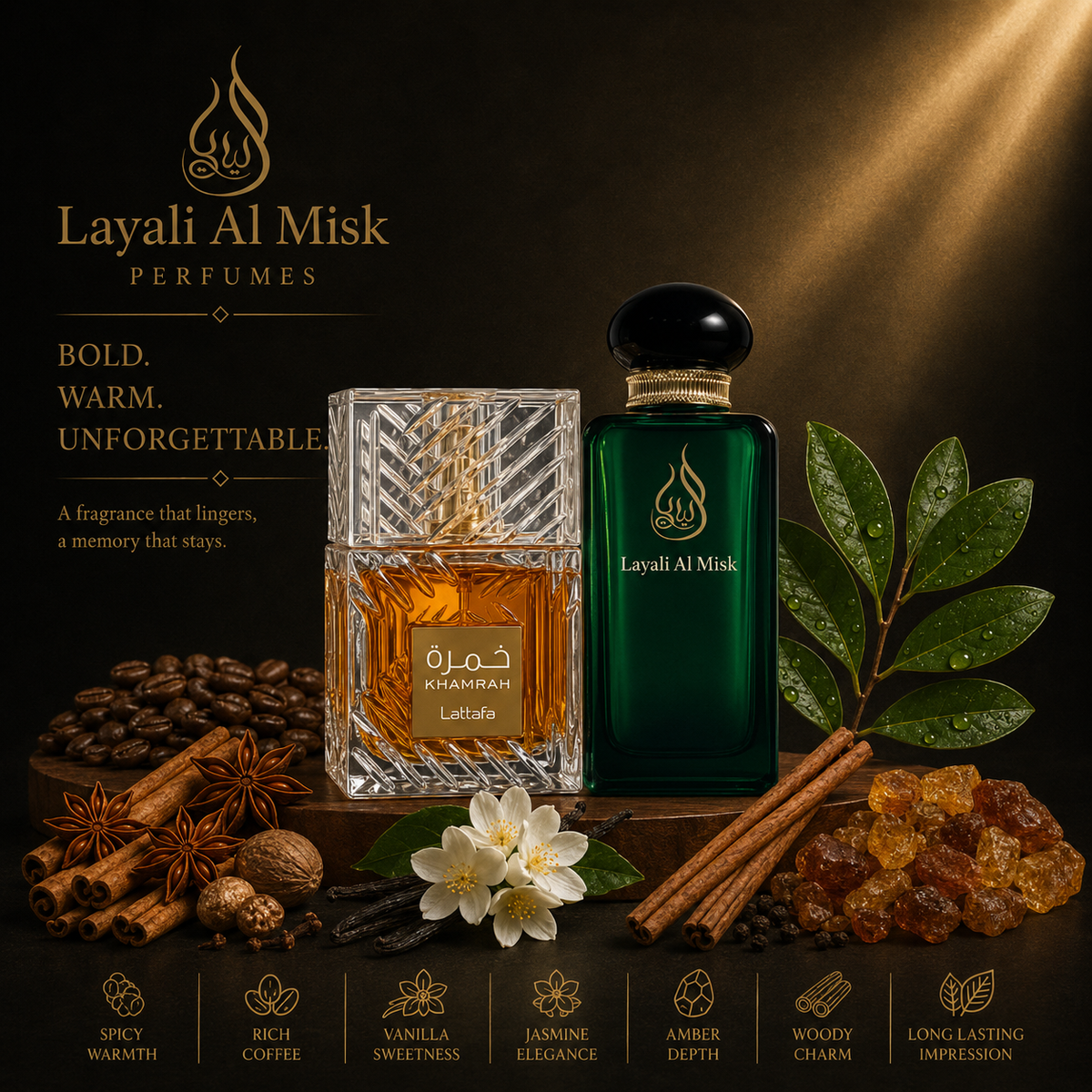 Layali Al Misk perfume bottles displayed with botanical and spice props on a dark background. The set includes a square clear glass bottle filled with amber liquid and a deep green rectangular bottle with a black cap.