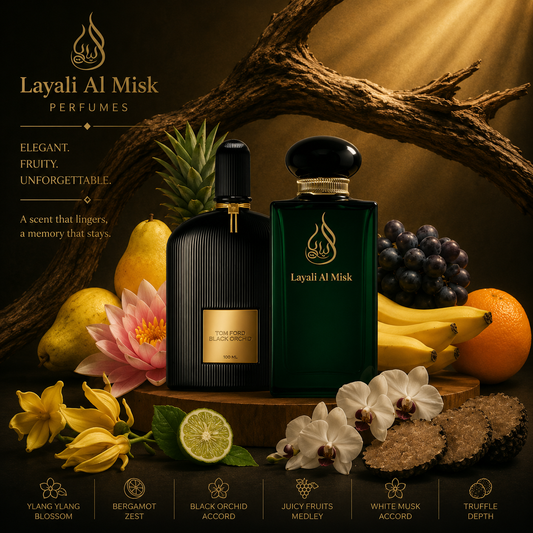 Two luxury perfume bottles labeled 'Layali Al Misk Perfumes' displayed on a wooden surface with fruit, flowers, and branches around them. The scene is styled in warm dark tones with text describing the fragrance notes.